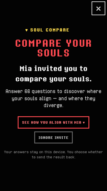 The real Soul Compare welcome screen shown when Mia invites a friend