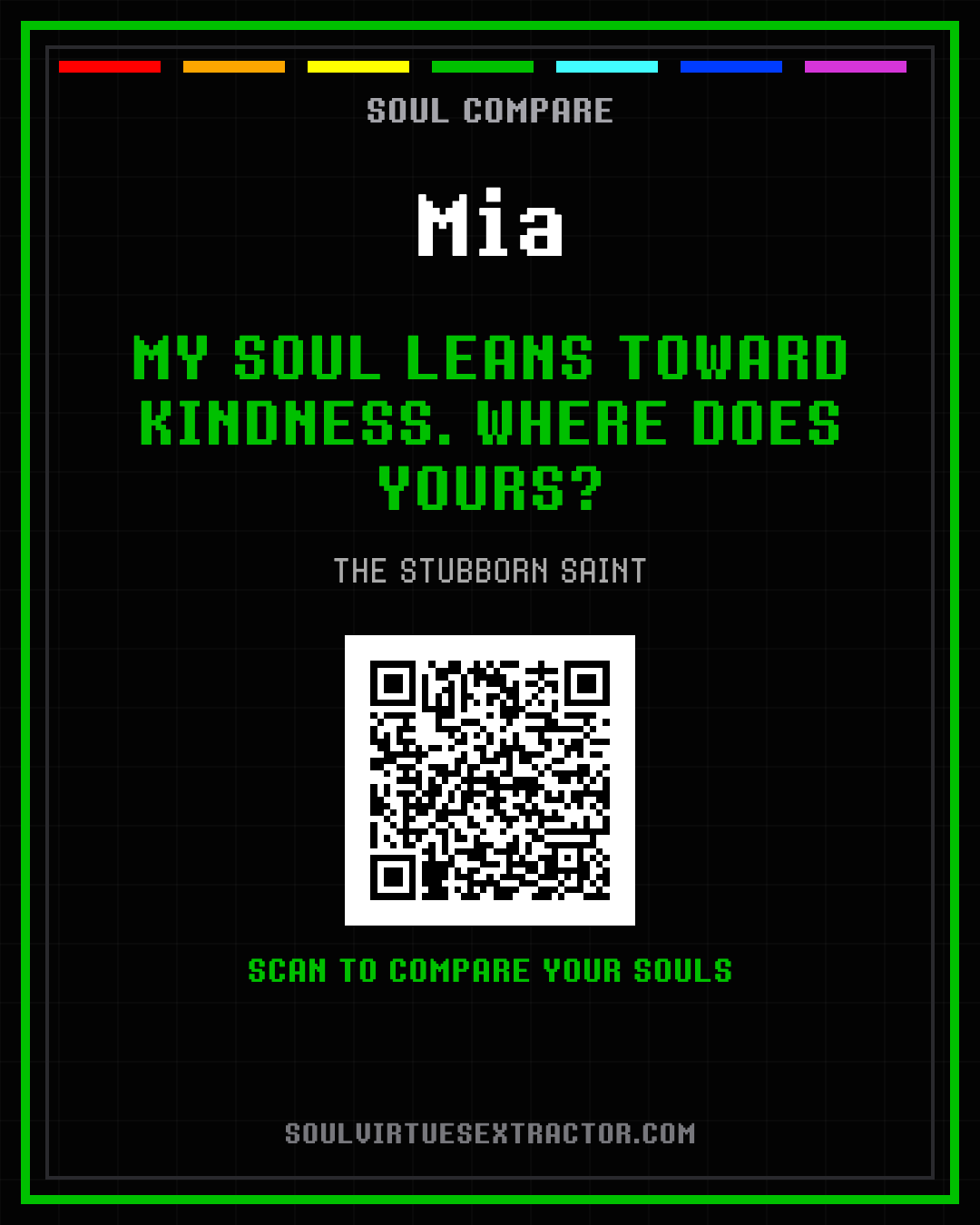 A real Soul Compare invite card with Mia's name, Kindness result, and QR code